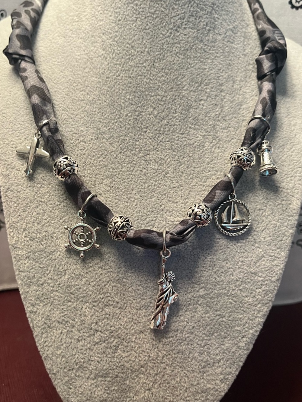 Nautical Silver Charm Necklace on Black Gray Cheetah Scarf